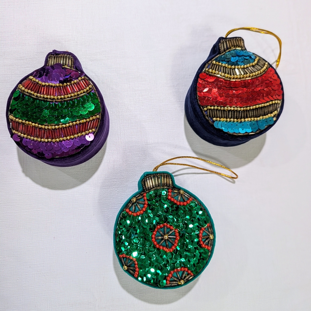 Festive Sequin Christmas Holiday Ornaments and Trinket Boxes- Purple, Red, Green
